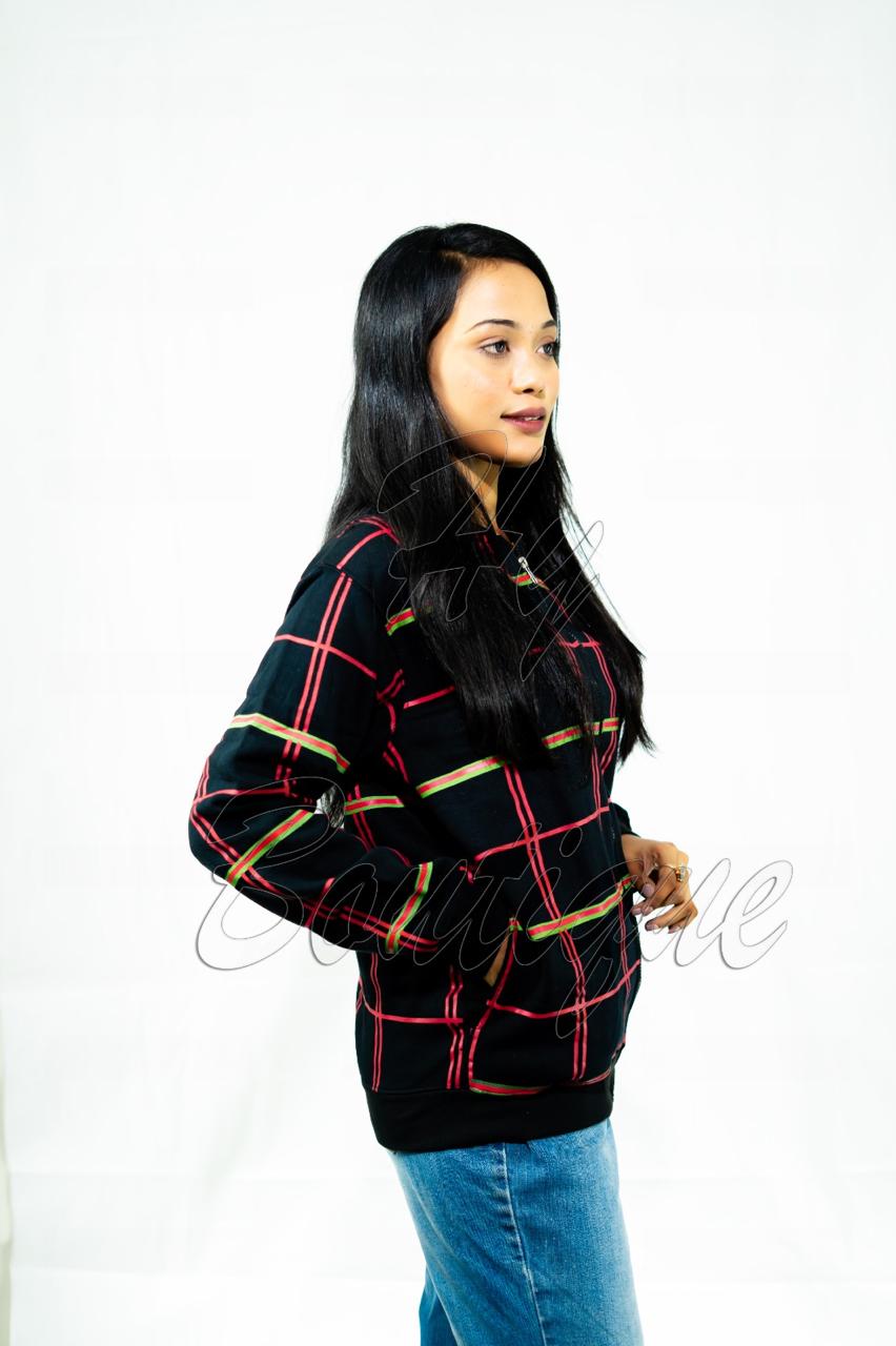 Winter Collection Women’s Red & Green Lining Print Jacket | Stylish & Warm Outerwear | Trendy Winter Fashion for Ladies