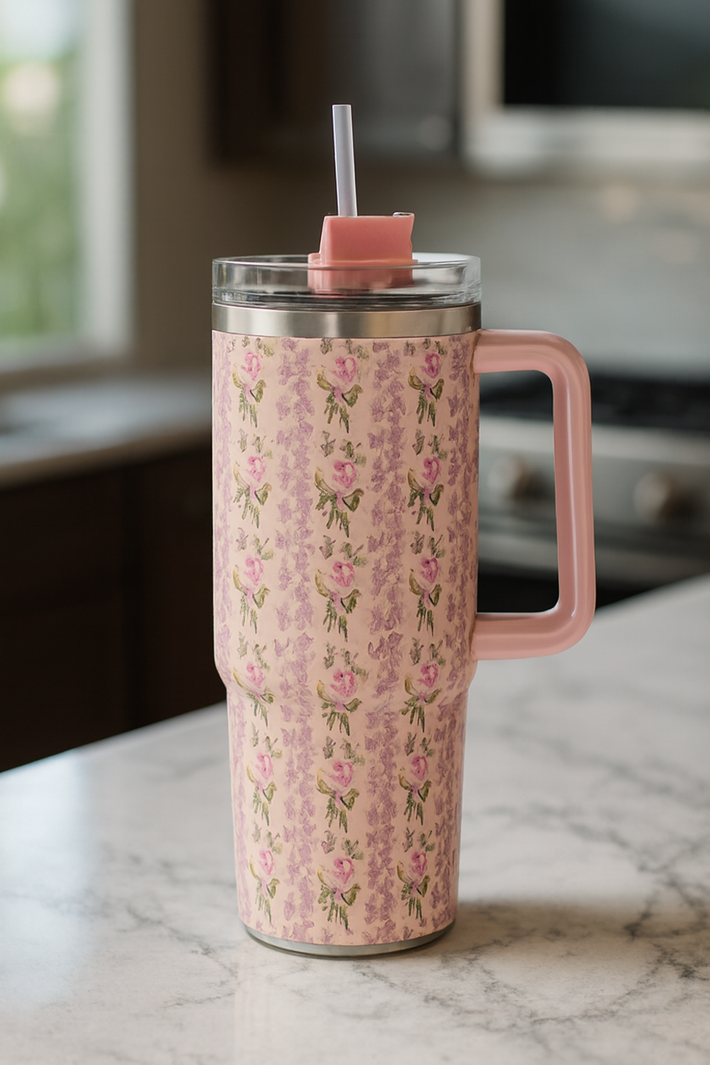 Floral Insulated Travel Tumbler 40oz – Double-Wall Vacuum Flask with Ergonomic Handle & Leak-Resistant Lid (Random Colour) - Image 2