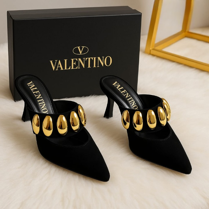 Valentino Garavani Royal VLogo 65 Leather Mules In Black Suede With Gold Tone - Image 4