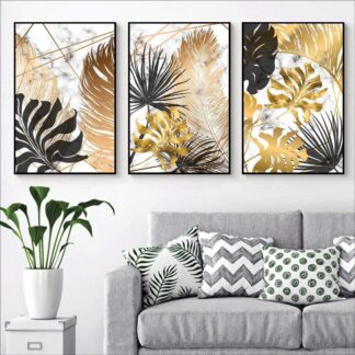 3pcs Black And Gold Leafs Design Stickytiles Frame Providing Elegant Artistic Pattern Stylish Look