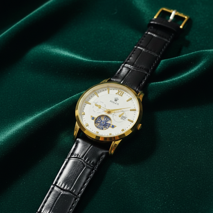 Luxury Men's Skeleton Watch - Gold Tone Case with Open-Heart Movement & Embossed Leather Strap - Classic Business Analog Wristwatch (1 Pc) - Image 5