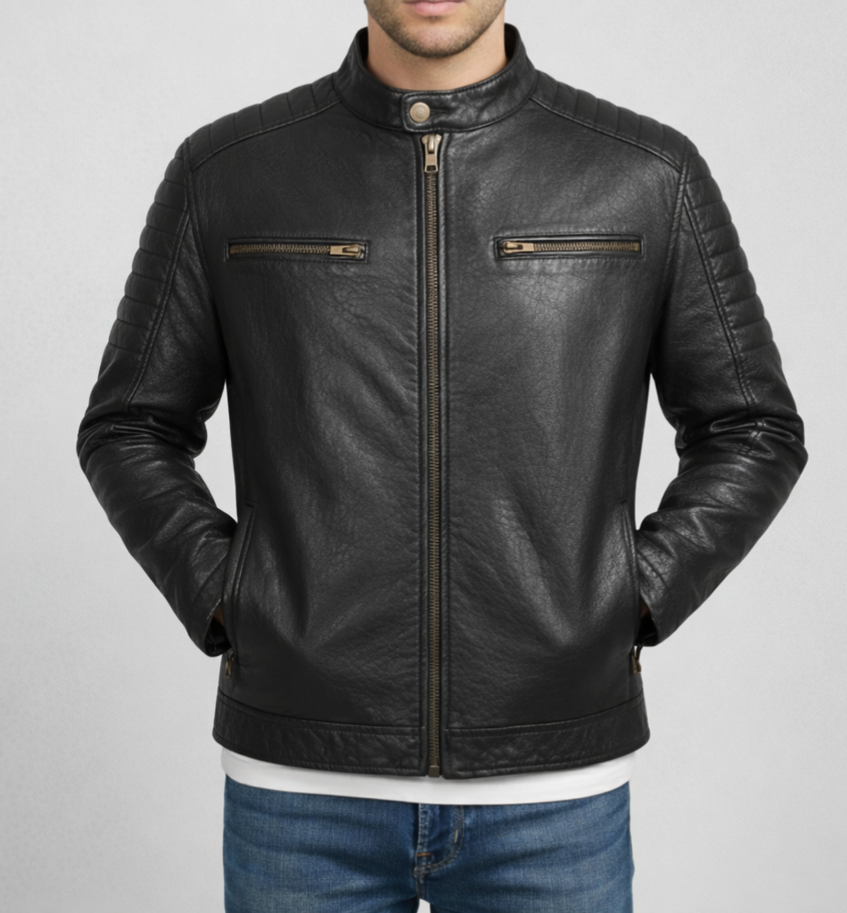 Men’s Premium Black Genuine Leather Biker Jacket – Quilted Shoulder, Zippered Pockets, Modern Fit - Image 2