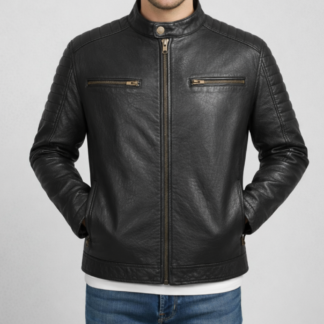 Men’s Premium Black Genuine Leather Biker Jacket – Quilted Shoulder, Zippered Pockets, Modern Fit