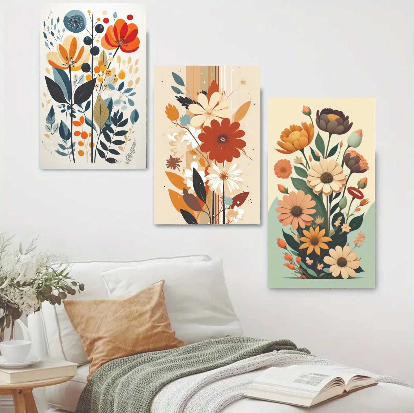 Set Of 3 Flower Sticky Canvas Phototiles Frame For Wall, Home Decor