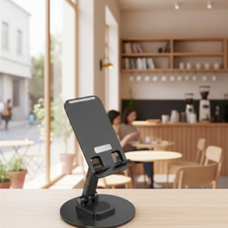 Sleek Matte Black Universal Adjustable Desktop Phone Stand for Home Gym Office and Kitchen Surface Stability