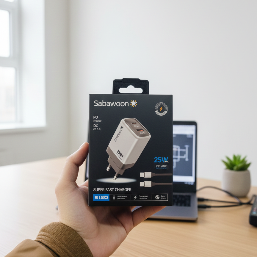 Sabawoon S120 25W Fast Charger 🔌 | All Mobile Options | Type‑C to Type‑C Cable