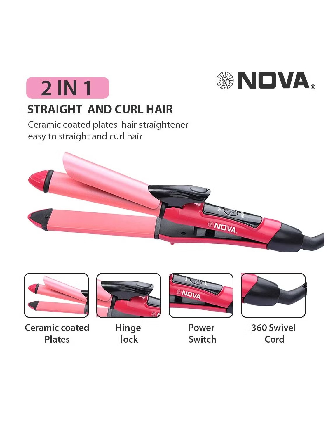 Nova 2‑in‑1 Hair Straightener & Curler | Model NHC‑2009 | Professional Styling Tool - Image 4