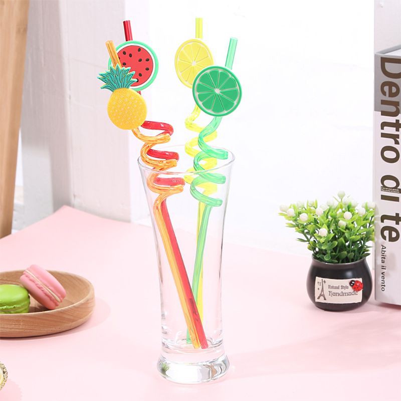 4Pcs Cartoon Lime Lemon Pineapple Watermelon Plastic Spiral Drinking Straws Children (random color ) - Image 4