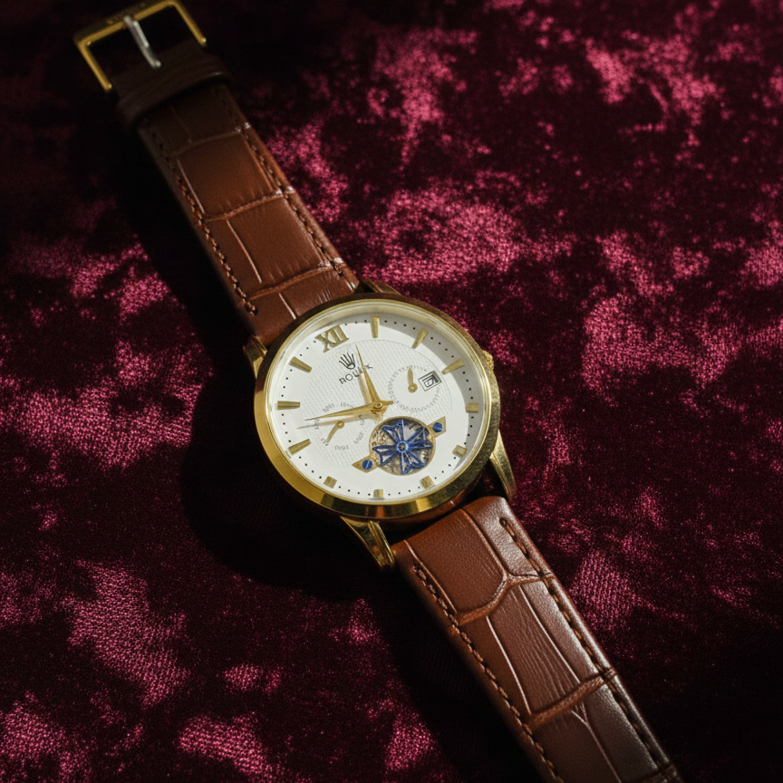 Luxury Men's Skeleton Watch - Gold Tone Case with Open-Heart Movement & Embossed Leather Strap - Classic Business Analog Wristwatch (1 Pc) - Image 4