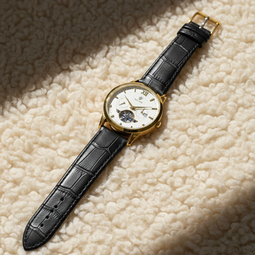 Luxury Men's Skeleton Watch - Gold Tone Case with Open-Heart Movement & Embossed Leather Strap - Classic Business Analog Wristwatch (1 Pc) - Image 3