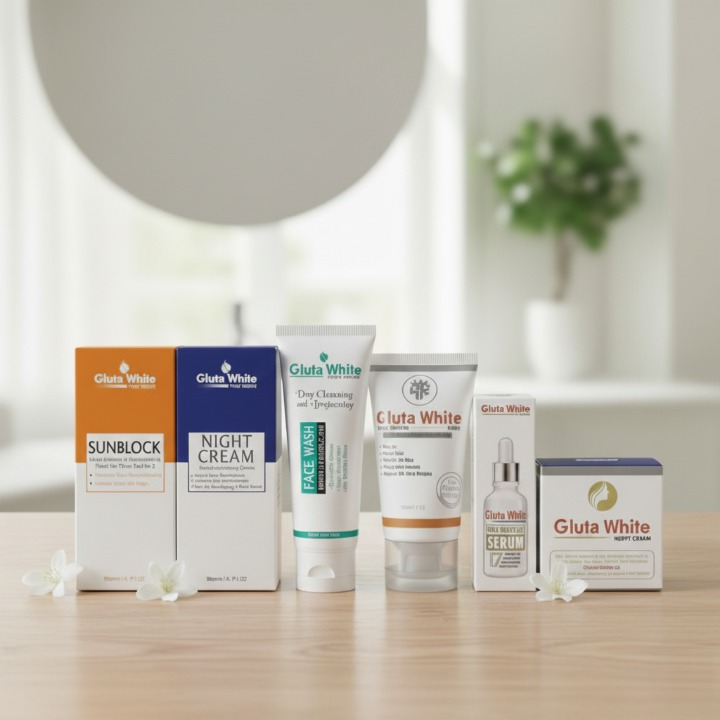 6 In 1 Gluta White Complete Skincare Set With Sunblock Night Cream Face Wash Day Cream Serum And Bright Cream - Image 2