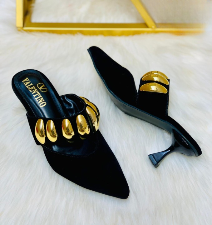 Valentino Garavani Royal VLogo 65 Leather Mules In Black Suede With Gold Tone - Image 2