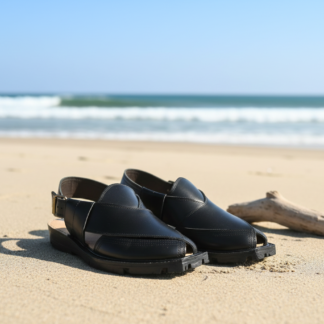 Premium Handcrafted Black Leather Peshawari Chappal - Traditional Kaptaan Design with Durable Tyre Sole and Adjustable Backstrap for Men