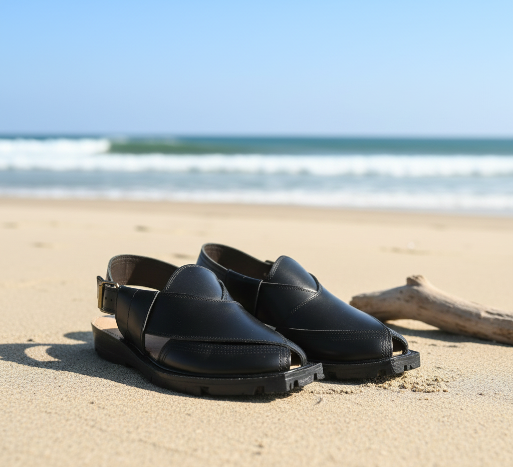 Premium Handcrafted Black Leather Peshawari Chappal - Traditional Kaptaan Design with Durable Tyre Sole and Adjustable Backstrap for Men