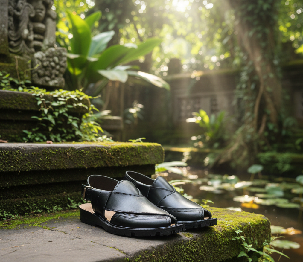 Premium Handcrafted Black Leather Peshawari Chappal - Traditional Kaptaan Design with Durable Tyre Sole and Adjustable Backstrap for Men - Image 3