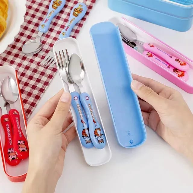 Portable Kids' Stainless Steel Cutlery Set – Ergonomic Cartoon Spoon and Fork with Slim-Fit Travel Storage Case for School Lunches, Picnics, and Toddler Self-Feeding