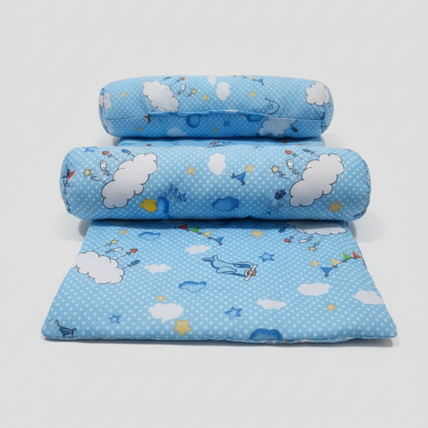 Sleep Support Set – Soft Cotton Quilted Mattress with Dual Side-Positioning Bolster Pillows | Sky Blue Cloud & Aviation Theme - Image 2