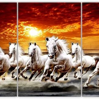 🌅 Majestic Seven White Horses Running on Porcelain Tile Art - Fiery Sunset Triptych