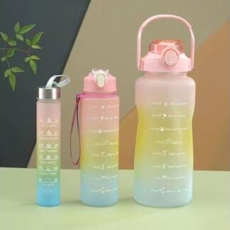 3-Piece Motivational Water Bottle Set with Time Markers & Straw – Leak-Proof, BPA-Free Frosted Gradient Ombre Jugs (2L, 900ml, and 300ml) for Fitness, Gym, and Outdoor Sports