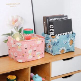 Foldable Desktop Storage Basket | Waterproof Cotton Linen Organizer | Mini Square with Handles (Random Colour And Design)