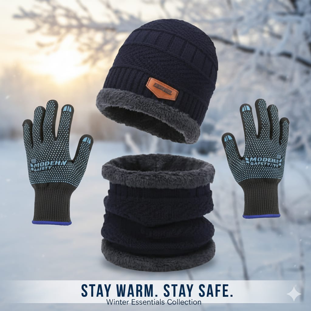 Premium Knitted Beanie Cap, Neck Gaiter And Touchscreen Gloves Combo Pack | Complete Winter Essentials For Cold Weather Protection (Random Color)