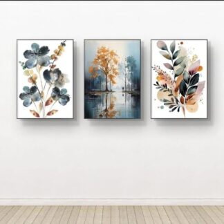 Nature-Inspired Wall Art Set – 3 Wooden Frames (8x11”) with Botanical & Landscape Designs | Easy Wall Mounting with Double Tape
