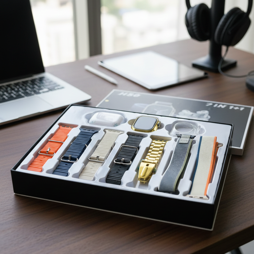 H50 Smart Watch 7‑in‑1 Set | Golden Design | With AirPods & Accessories - Image 3