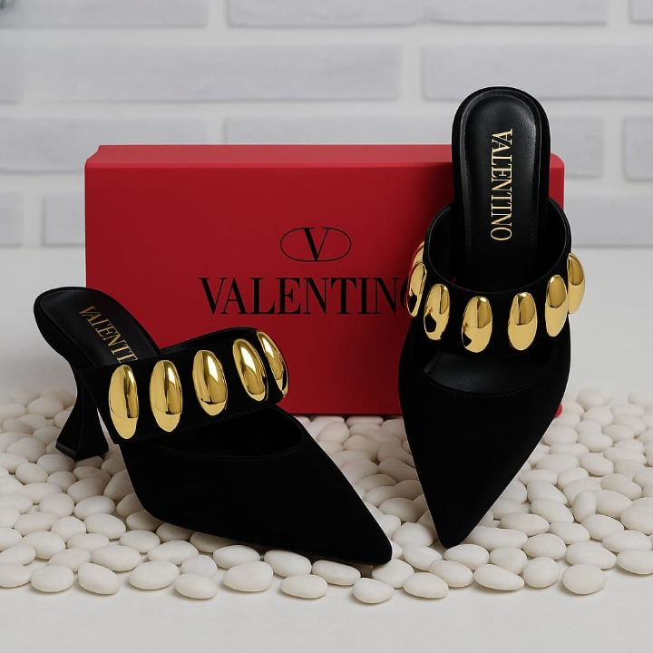 Valentino Garavani Royal VLogo 65 Leather Mules In Black Suede With Gold Tone - Image 3
