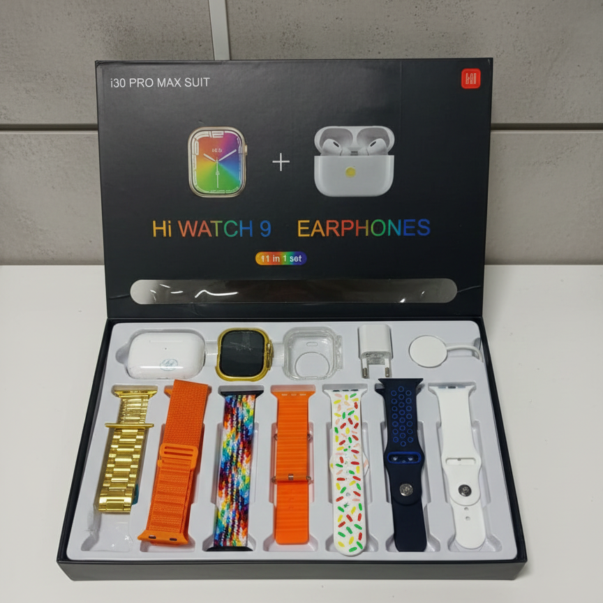i30 Pro Max Smart Watch Series 9 | 11‑in‑1 Set | With Earbuds, Adapter, Wireless Charger & Cover | 2.3" HD Ultra | Random Colour - Image 2