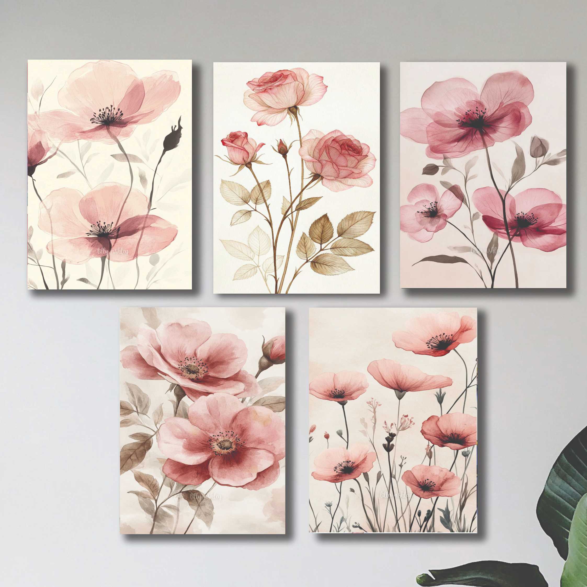 set of 5 pink flowers floral wall art wooden sticky frames for girls room home decoration / sticky phototiles