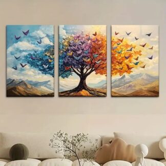 3 Piece Tree & Butterfly Wall Art – Wooden Sticky Tile Frames with Self-Adhesive Tape for Easy Home Decoration
