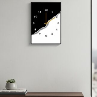Modern Black & White Wooden Wall Clock – 12x16 Inch Minimalist Art Design with Golden Hands