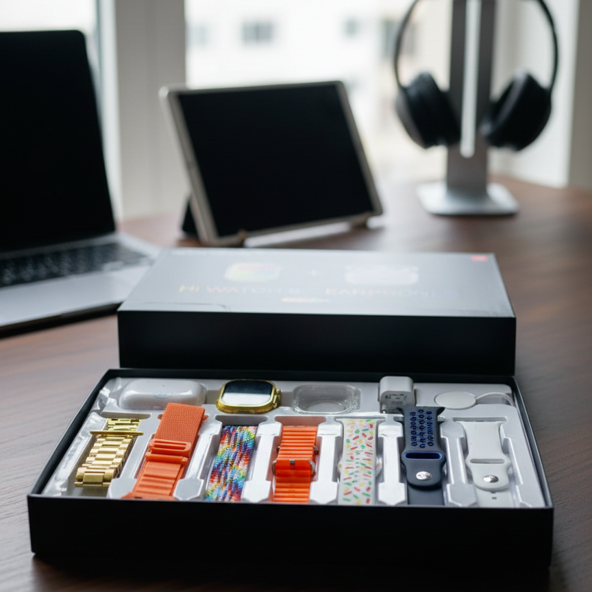 i30 Pro Max Smart Watch Series 9 | 11‑in‑1 Set | With Earbuds, Adapter, Wireless Charger & Cover | 2.3" HD Ultra | Random Colour - Image 3