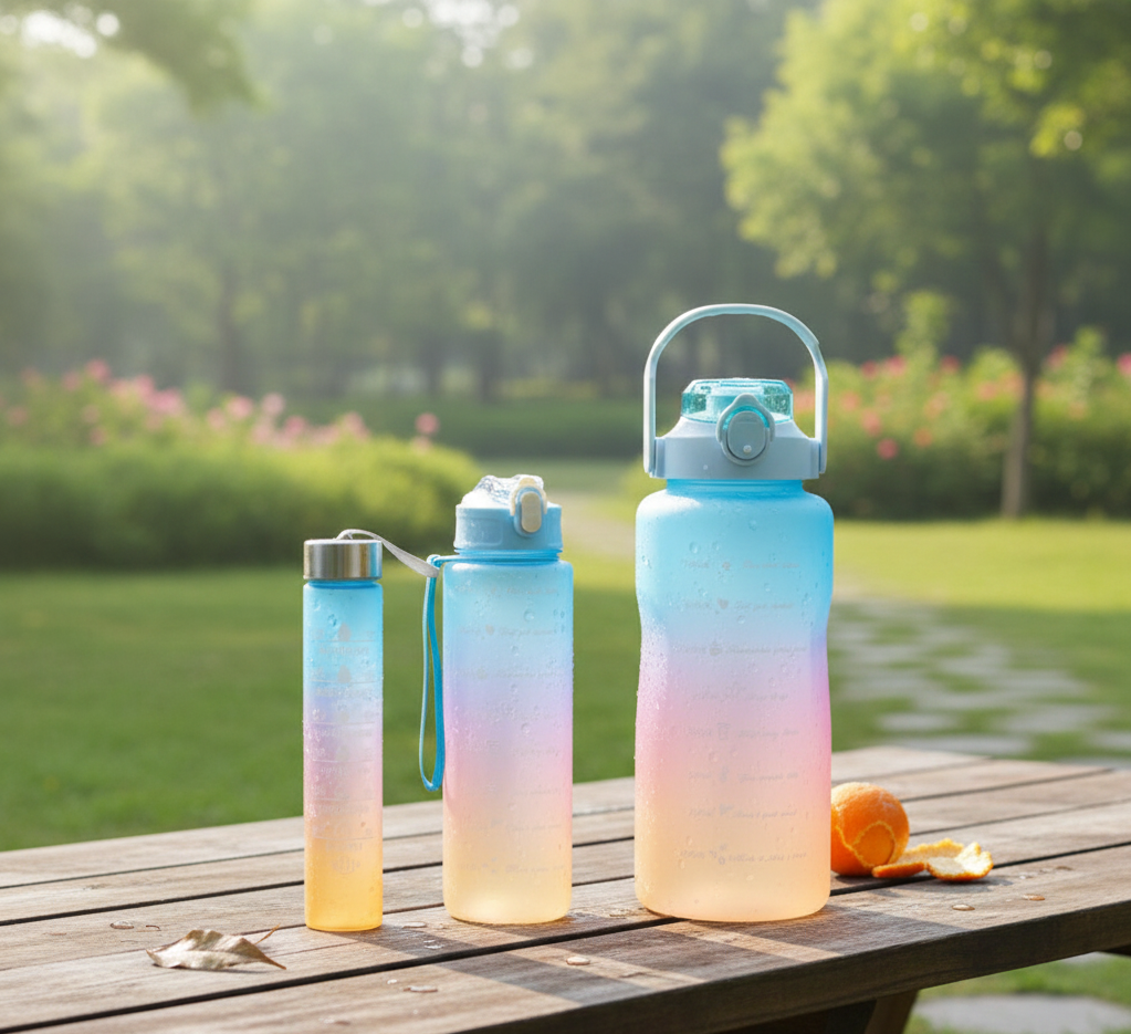 3-Piece Motivational Water Bottle Set with Time Markers & Straw – Leak-Proof, BPA-Free Frosted Gradient Ombre Jugs (2L, 900ml, and 300ml) for Fitness, Gym, and Outdoor Sports - Image 5