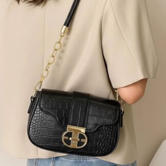 Structured Croc-Embossed Faux Leather Shoulder Bag with Gold-Tone Chain Accent and Geometric Clasp