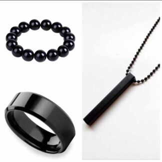 Pack Of 3 Vertical Bar Boy's Pendant, Ring And Bracelet Set, color black
