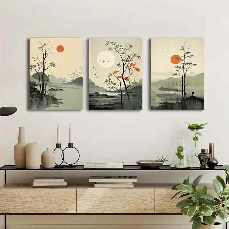 3pcs Wall Art Set - Modern Classic Style Painted Scenes, Wood MDF Photo Tile Frame Orientation for Living Room, Bedroom, Home Office - Art Deco Themed Paintings