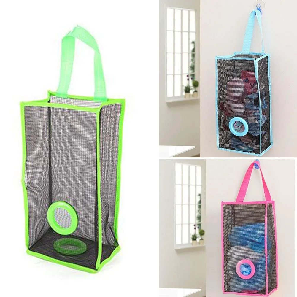 Plastic Bag Holder, Dispenser Hanging Storage Mesh Garbage Big/Trash Bags Organizer Recycling Grocery Shopping Pocket Hanging Containers for Kitchen - Random Color