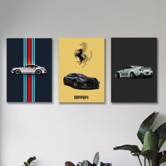 set of 3 sports cars wooden canvas frames for wall decore / sticky phototiles
