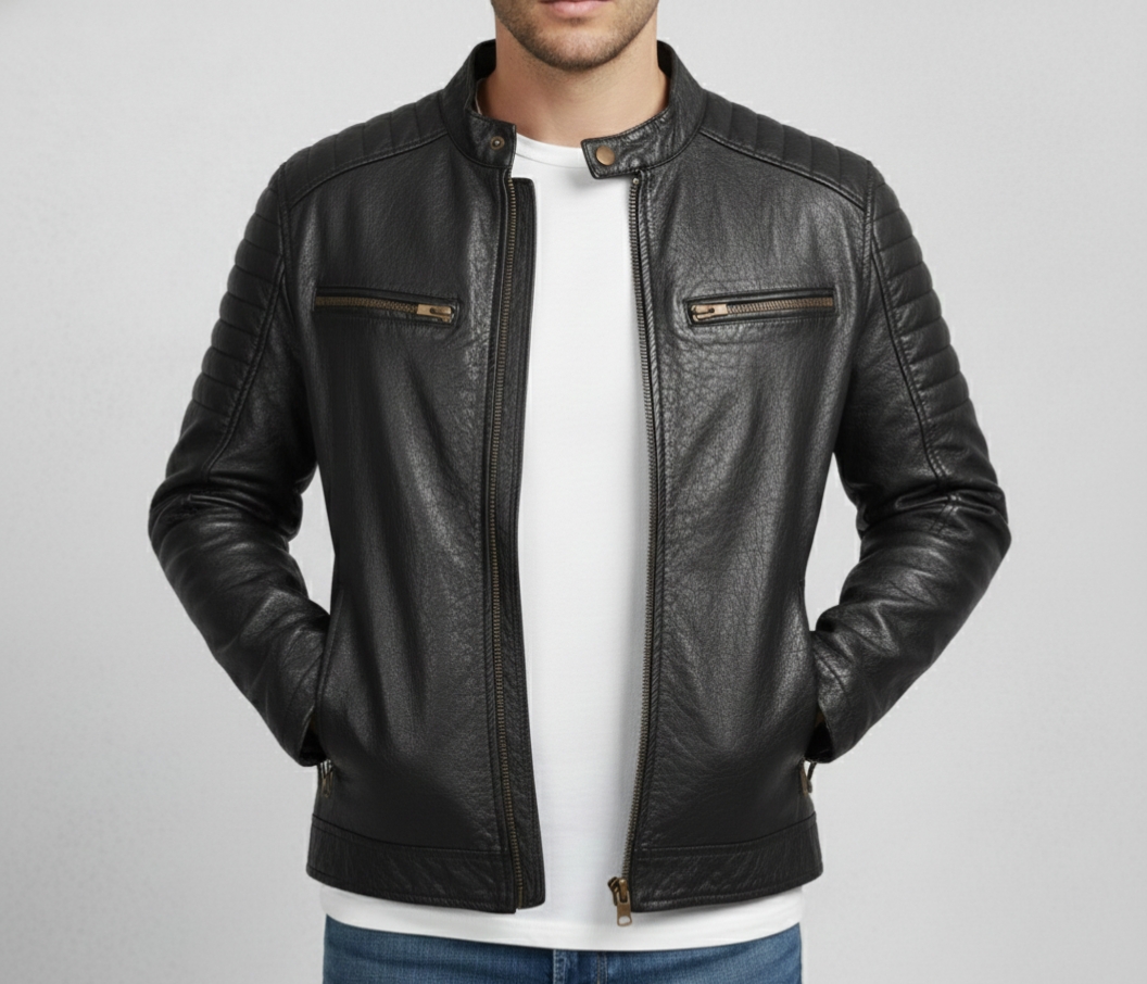Men’s Premium Black Genuine Leather Biker Jacket – Quilted Shoulder, Zippered Pockets, Modern Fit - Image 3
