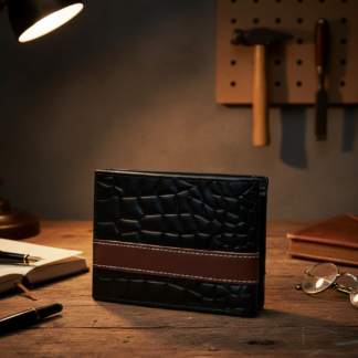 Men’s Croc-Texture Cow Leather Wallet – Black with Maroon Strip | Stylish Bifold Slim Wallet