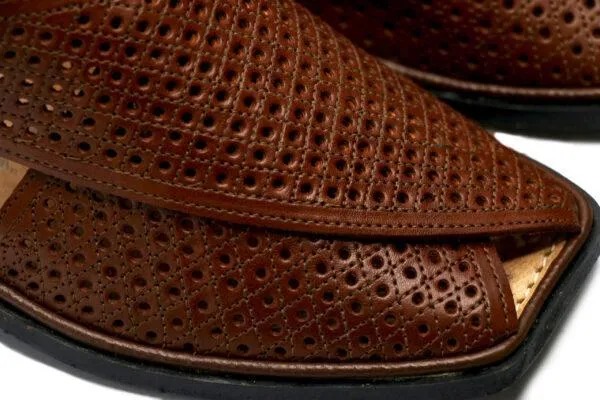 Handcrafted Men’s Peshawari Chappal – Classic Brown Perforated Leather Sandals with Adjustable Buckle Strap & Durable Rubber Sole - Image 3