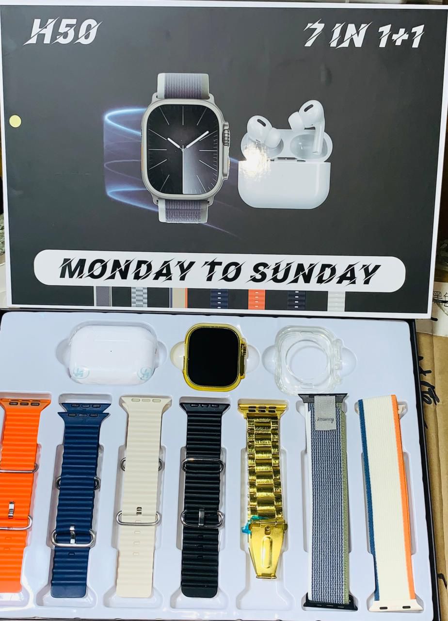 H50 Smart Watch 7‑in‑1 Set | Golden Design | With AirPods & Accessories - Image 4
