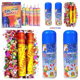 Celebration Combo Pack – 2 Snow Sprays + 2 Party Poppers + 5 Color Smoke Bombs for Birthdays & Parties