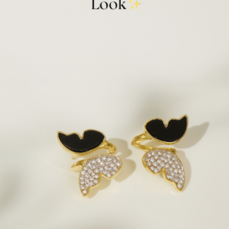 Zircon Butterfly Style Earrings for Women – Elegant Golden & Silver Studs with Black Enamel and Sparkling Stones (AWJ-997)