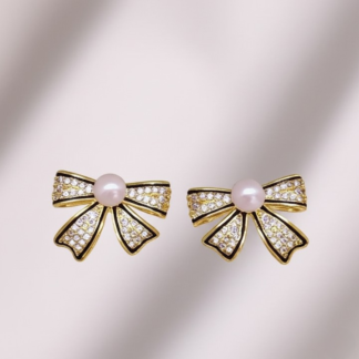 PJT-995 Bow Shape Zircon Pearl Earrings for Women – Korean Style Jewelry with Sparkling Zircon & Classic Pearl Center | Available in Golden & Silver | Perfect Gift for Parties, Weddings & Everyday Fashion