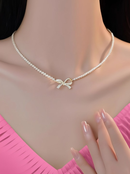 PQT-992 - Bow Shape Pearl Pendant Necklace for Women – Dainty Jewelry with Sparkling Bow Design | Available in Silver & Golden Finish | Perfect Gift for Weddings, Parties & Everyday Glamour