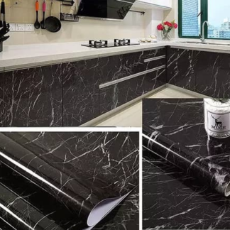 Self-Adhesive Kitchen Black Marble Sheet- Waterproof Heat Resistant Sheet for Living Room, Bathroom, Kitchen Countertops Black Sheet - 02 Meter