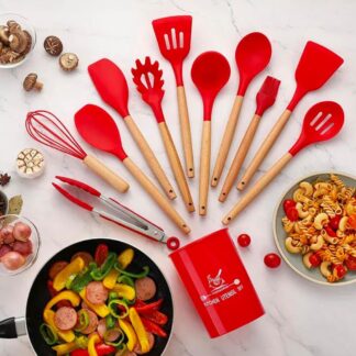 12 Pcs Silicone Cooking Utensils Kitchen Utensil Set | Heat Resistant Kitchen Non toxic Spatula Set with Turner Tongs,Spoon,Brush,Whisk-Wooden Handle