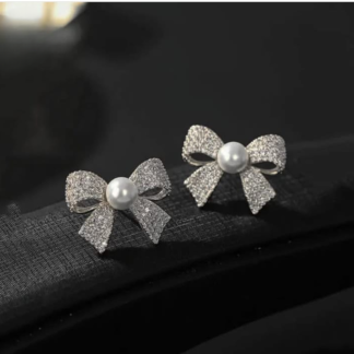 Korean  Elegant Zircon Bow style Earrings Pearl style Bow Earrings For Girls